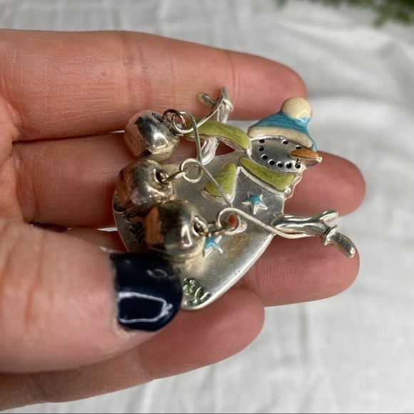 Jingle All The Way Enamel and Silver Metal Snowman Brooch With Bells Marked TC - Picture 5 of 9